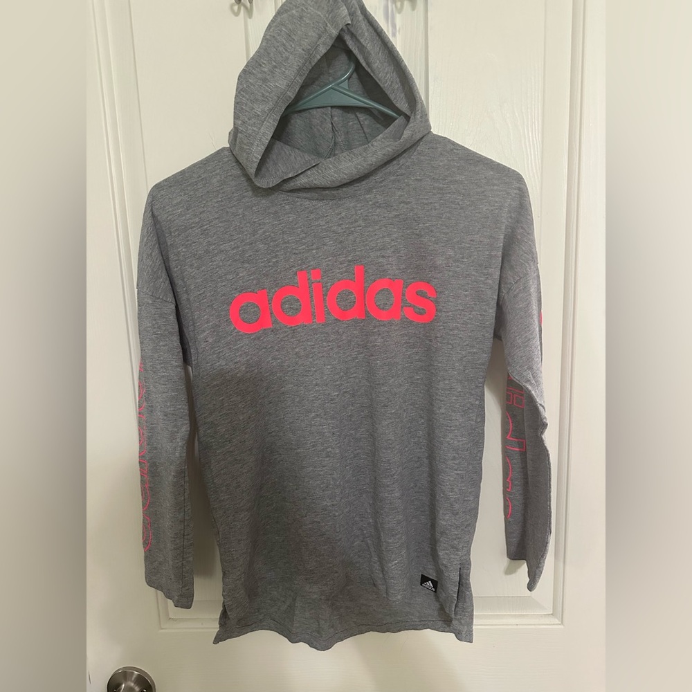 Kids Adidas Heather Gray Hooded long sleeve shirt lg 14